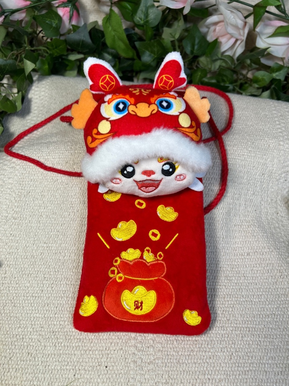 🪭Handmade Red Plush Mini Crossbody Bag with Lucky Dragon Design